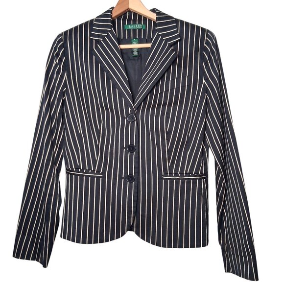 Lauren Ralph Lauren Jackets & Blazers - Lauren Ralph Lauren Blazer Women 4 Black Tan Striped Classic Preppy Cotton Silk